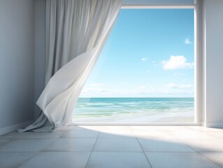 A window with a curtain open to the ocean. The curtain is blowing in the wind. The ocean is blue and the sky is clear