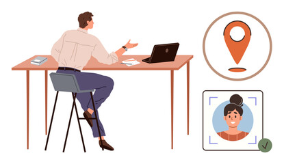 Man sitting at desk with laptop gesturing, geolocation pin, profile under facial scan frame. Ideal for technology, innovation, security, communication, online identity, navigation modern workplace