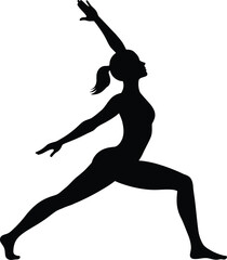 Fototapeta premium Minimalist black silhouette of a graceful woman in yoga pose, featuring elegant body flow, solid shape design on white background for wellness or fitness themes 