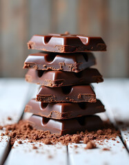 Stacked dark chocolate squares dusted with cocoa, a delicious treat.
