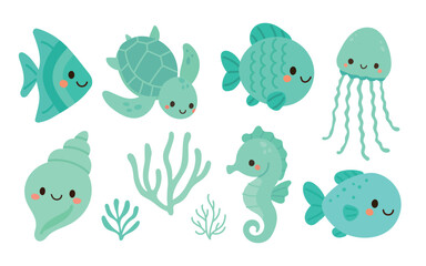 Playful green underwater animals including turtle, fish, jellyfish, and seahorse with smiling faces. Great for kids’ books, games, or marine education.