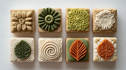 Assorted square artisanal cookies with intricate botanical designs floral