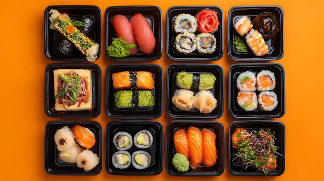 Assorted sushi rolls and nigiri presented in black takeout containers sashimi maki