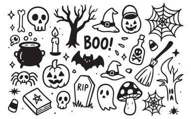 Fun black and white Halloween doodles with spooky skulls, ghosts, pumpkins, and potions. Perfect for seasonal crafts, parties, or blog headers.