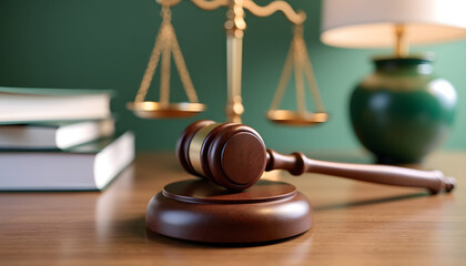 A gavel on a wooden table sits in front of a balance scale, depicting law and justice concepts.