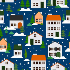 Seamless pattern of Christmas houses with snow and fir trees on a dark blue background