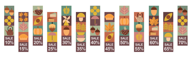 Autumn set of simple sale banners. Set of autumn price tags and discount labels. Geometric abstract autumn flyer template with Scandinavian mosaic.