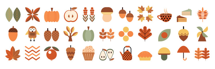 Set of autumn icons in flat geometric style. Leaves, berries, mushrooms, nut, pumpkin, vegetables. Collection of flat icons. Vector illustration.