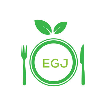 EGJ Letter Logo. EGJ Organic Food Logo with Plate, Fork, Knife, and Leaf Icon &ndash; Healthy Restaurant and Eco-Friendly Dining Design.
