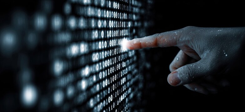 Digital hand touching binary code