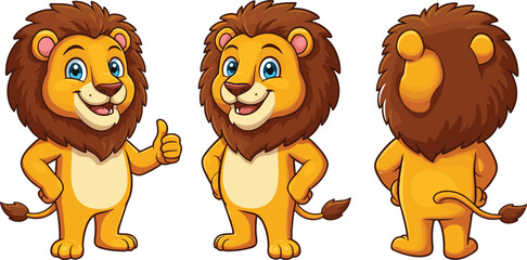 Cute cartoon lion mascot in multiple poses – front, side, and back views for branding, animation, or character design