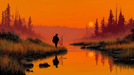 Serene wilderness fishing at sunset