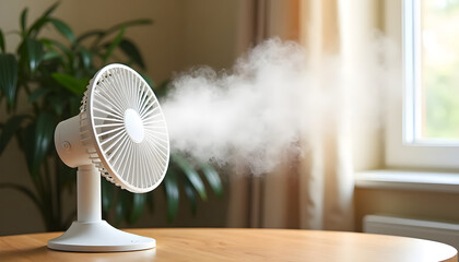 A modern white fan blows mist, providing a cooling effect in a sunlit room.