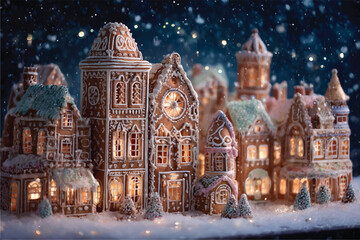 Obraz premium Magical Gingerbread Village at Night with Snowfall Christmas Holiday Season Festive Scene