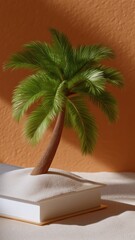 Fototapeta premium Miniature palm tree on white sand sculpture against textured orange background