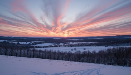 Fototapeta premium Close up Soft Pastel Sunset Sky Over Snowy Landscape