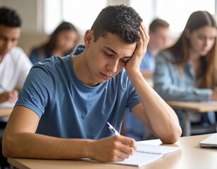 Stressed Teenage Boy Writing in Classroom During Exam – Education Pressure Concept image. Depressed, Anxious, Worried