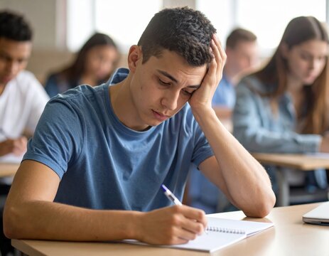 Stressed Teenage Boy Writing in Classroom During Exam – Education Pressure Concept image. Depressed, Anxious, Worried - Powered by Adobe