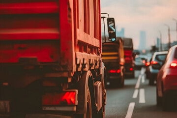 Red truck in heavy traffic urban city highway transportation