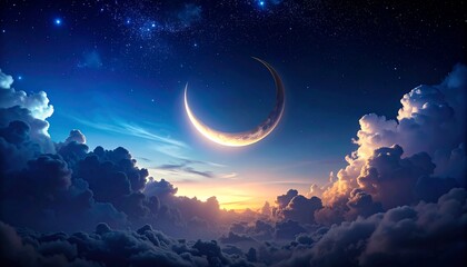 Serene Crescent Moon Above Dreamlike Cloudscape at Sunset.
