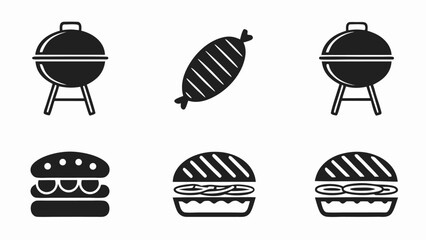 Clean vector icons:  charcoal grill, grilled sausage, and delicious burgers; simple, minimalist style; perfect for BBQ restaurant menus or food blogs.