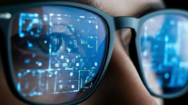 The reflection of the glasses shows dynamically changing data.