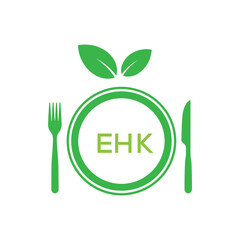 EHK Letter Logo. EHK Organic Food Logo with Plate, Fork, Knife, and Leaf Icon – Healthy Restaurant and Eco-Friendly Dining Design.
