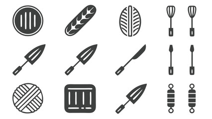 Clean minimalist vector icons: grilling tools, baking utensils, and kitchenware silhouettes.