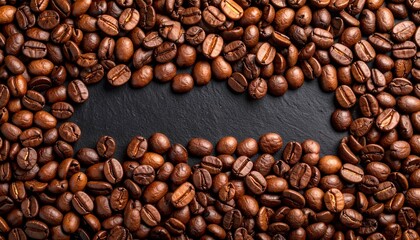 Fototapeta premium Roasted Coffee Beans Frame Dark Background Blank Space.