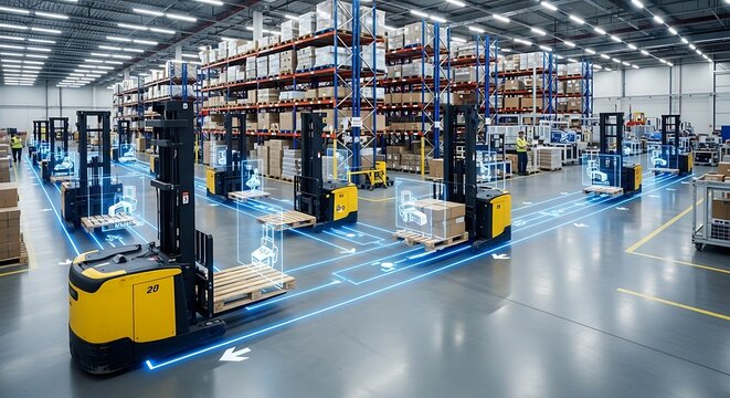 Autonomous robotic forklifts navigating a modern warehouse with digital paths for efficient logistics and distribution