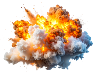 A dramatic explosion of smoke and fire against a stark white or transparent background 