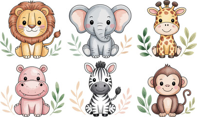 Obraz premium Collection of cute baby safari animals. Watercolor jungle wildlife characters for kids.