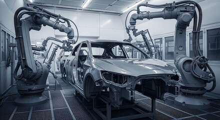 Advanced automotive industry production line with automated robot arms for car assembly and welding in a modern factory