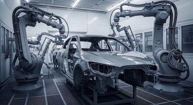 Advanced automotive industry production line with automated robot arms for car assembly and welding in a modern factory