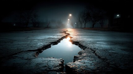 A cracked asphalt road at night, reflecting light in a puddle. Foggy, dark street lined with trees and distant buildings