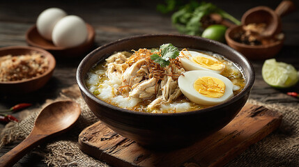 Savory chicken congee, a comfort food classic! Tender chicken, soft rice, boiled eggs, and crispy shallots create a symphony of flavors and textures. Enjoy!