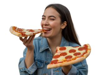 Happy young woman eating pepperoni pizza
