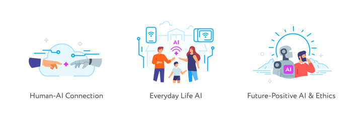 Set of illustrations concept with businessmen. technology, partnership, artificial intelligence business robot, cybes. linear illustration Icons infographics. Landing page site print poster. Line