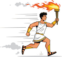 Ancient Greek athlete running with flaming torch, Olympic Games illustration, dynamic motion, traditional costume, ceremonial relay, historical sports concept