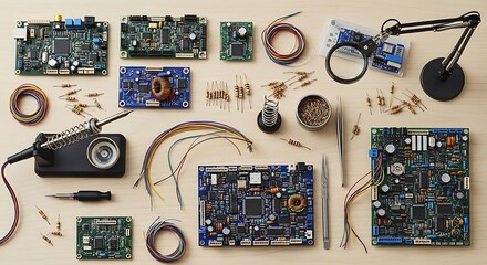 An organized flat lay of miniature electronic components, circuit boards, and repair tools on a workbench.