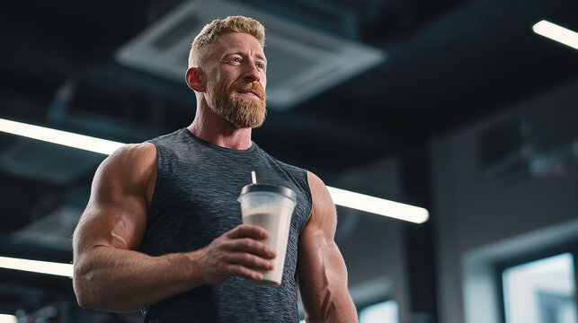 Muscular man enjoying a post-workout protein shake in a gym, reflecting on his fitness journey and future goals.