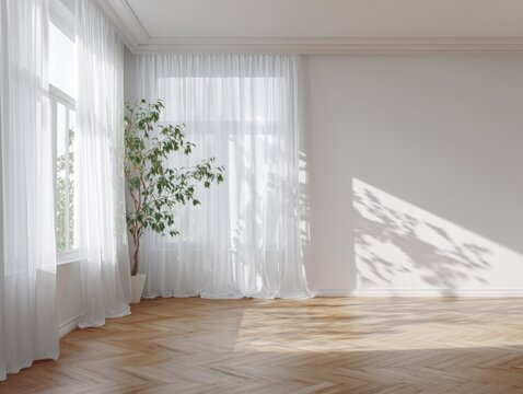 A large room with white curtains and a potted plant. The curtains are open, letting in sunlight