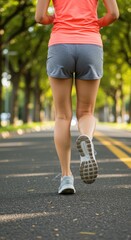 Outdoor jogging on tree-lined street. Active lifestyle with running legs in motion. Sunny day fitness and movement concept.