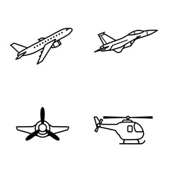 Collection of airplane fighter jet propeller plane and helicopter line icons