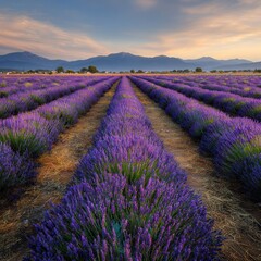 Obraz premium A large field of lavender in full bloom, rows upon rows stretching as far as the eye can see, creating an enchanting and serene landscape. The purple hues of the flowers contrast.