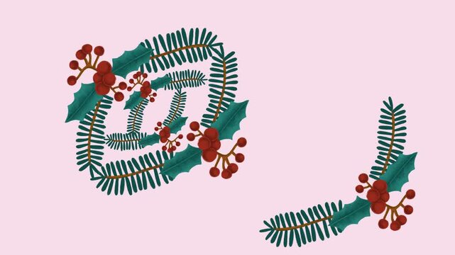 draw red flower decorate with joining several green leaf in stylish oval shape on pink screen background
