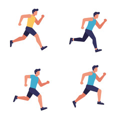 Set of male runners in different poses running in sportswear isolated