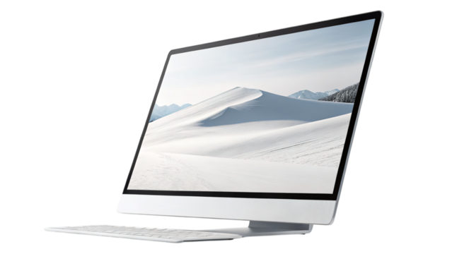 Modern desktop computer displays stunning winter landscape for creative work or design projects