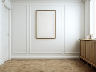 A white room with a wooden dresser and a picture frame on the wall. The frame is empty