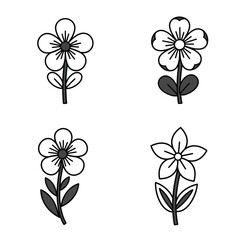 Four simple flower illustrations in black and white on a white background